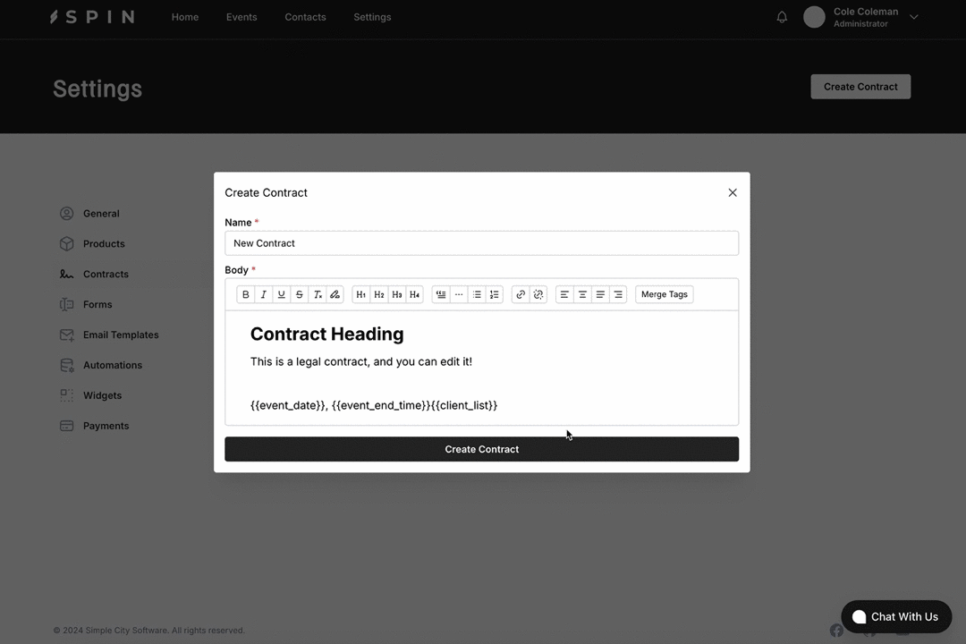 Spin's contract settings, creating a contract for a DJ