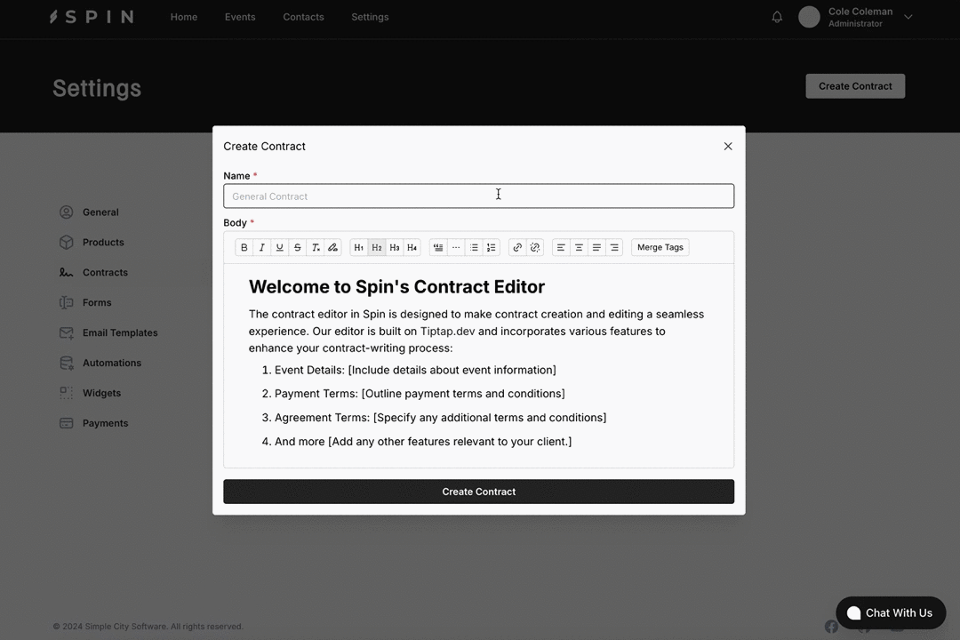 Spin's contract settings, creating a contract for a DJ