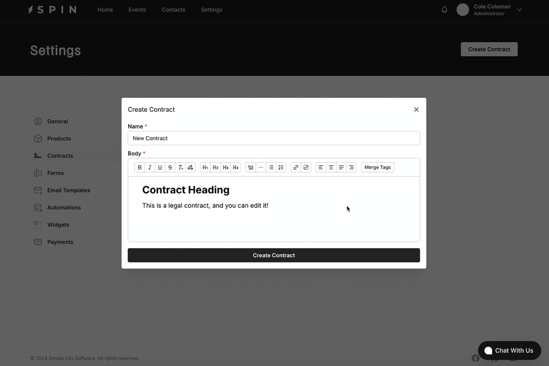 Spin's contract settings, creating a contract for a DJ