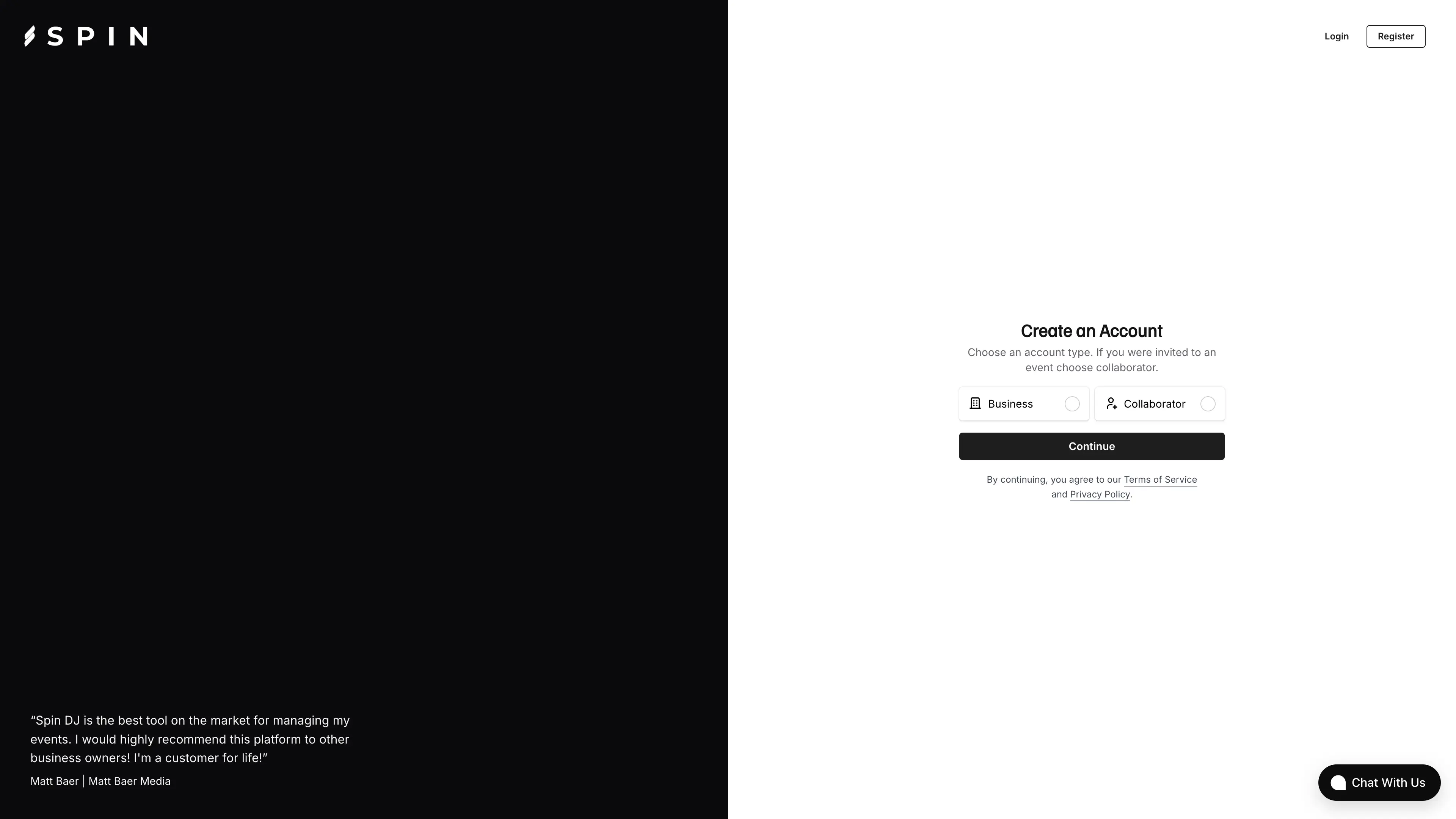 Spin DJ CRM's registration page