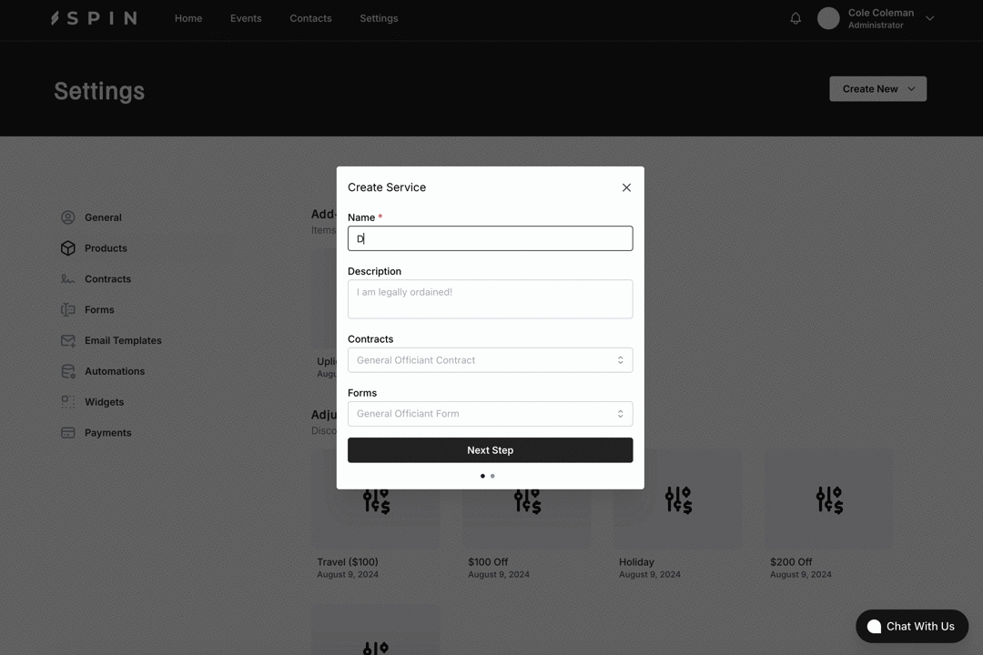 Spin's service settings, creating a service for a DJ