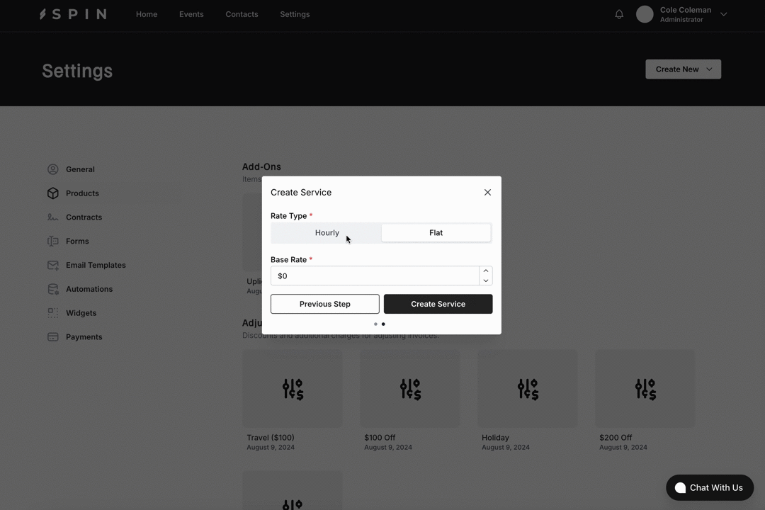 Spin's service settings, creating a service for a DJ
