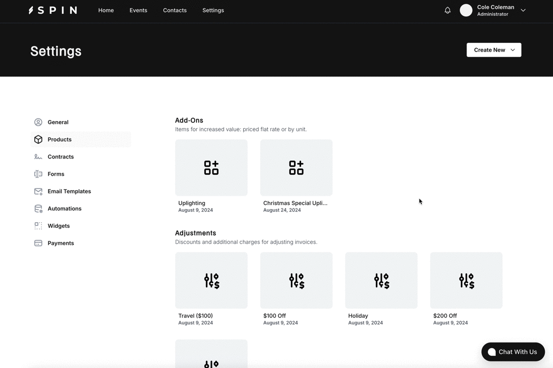 Spin's service settings, creating a service for a DJ